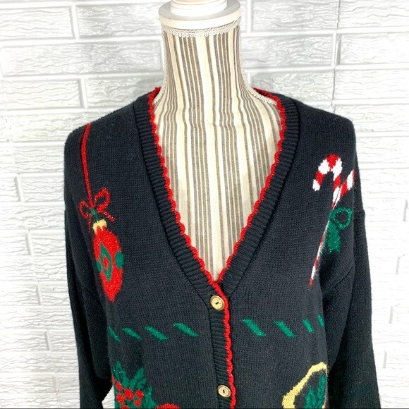 Vintage Style Studio Christmas Cardigan Sweater Size Large Ornaments Candy Cane