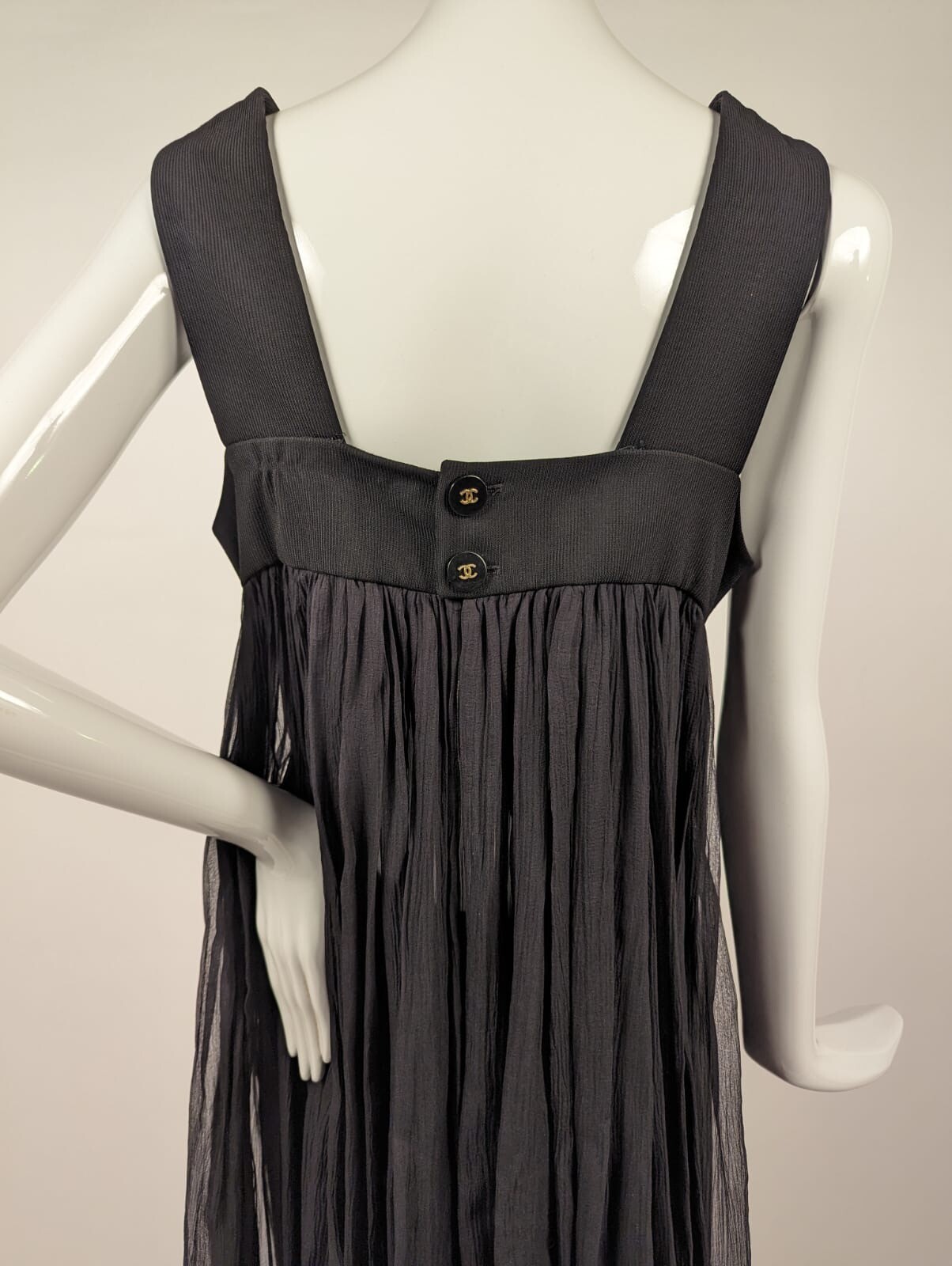 VINTAGE CHANEL SILK JERSEY + SILK CHIFFON SHORT JUMPSUIT W SHEER WATTEAU REAR