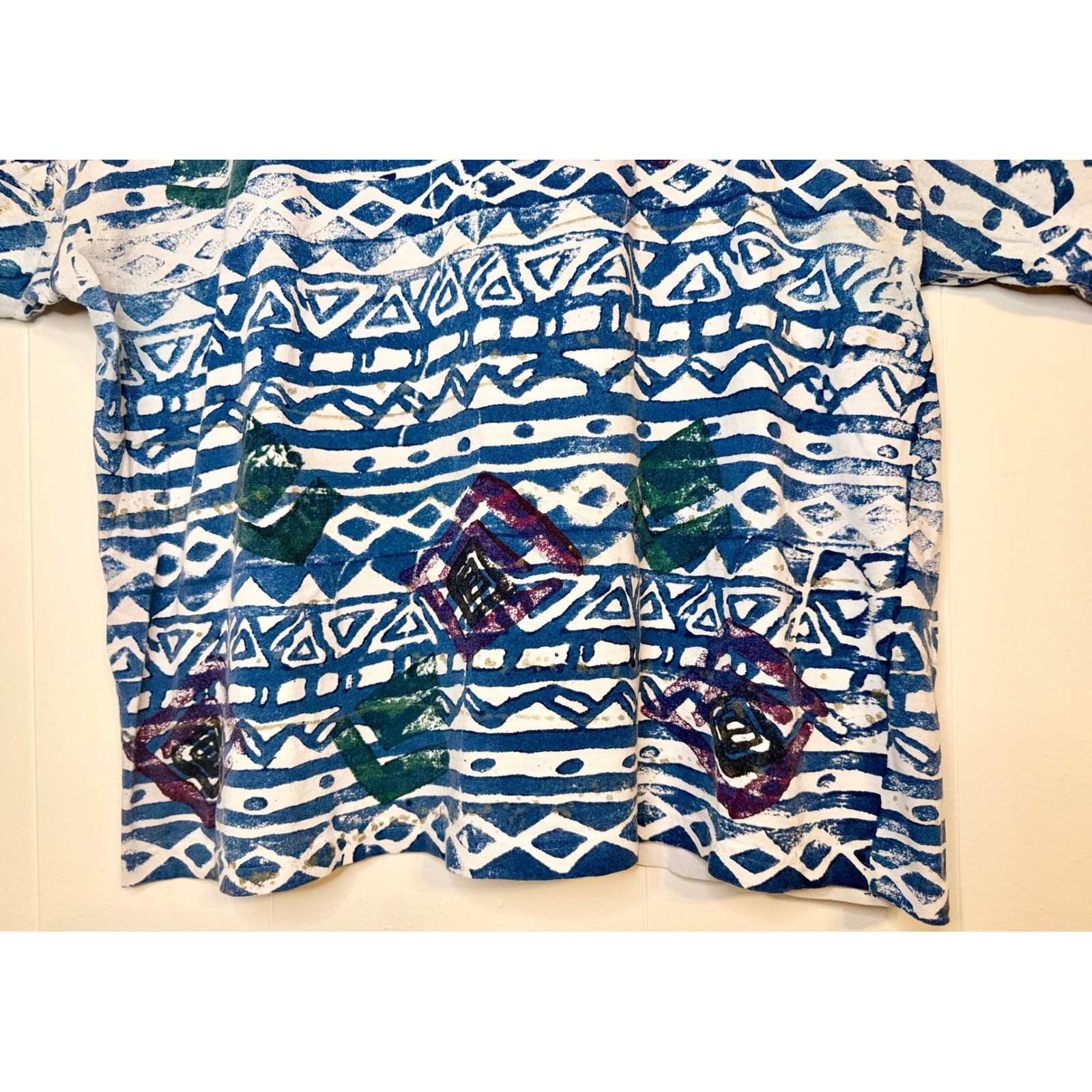 90s Vintage XL Boxy Cotton Retro Geometric Block Print Blue Purple Green Kidcore