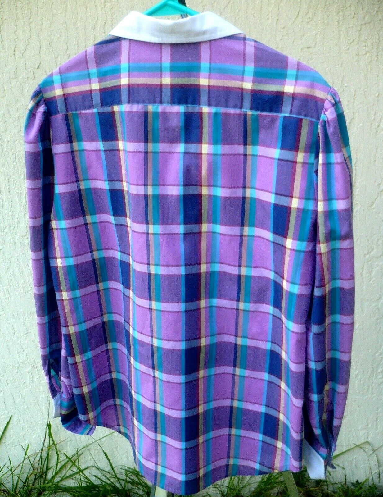 VTG MESSAGES L DEEP PURPLE PLAID LONG SLEEVE BUTTON DOWN SECRETARY BLOUSE WOMEN