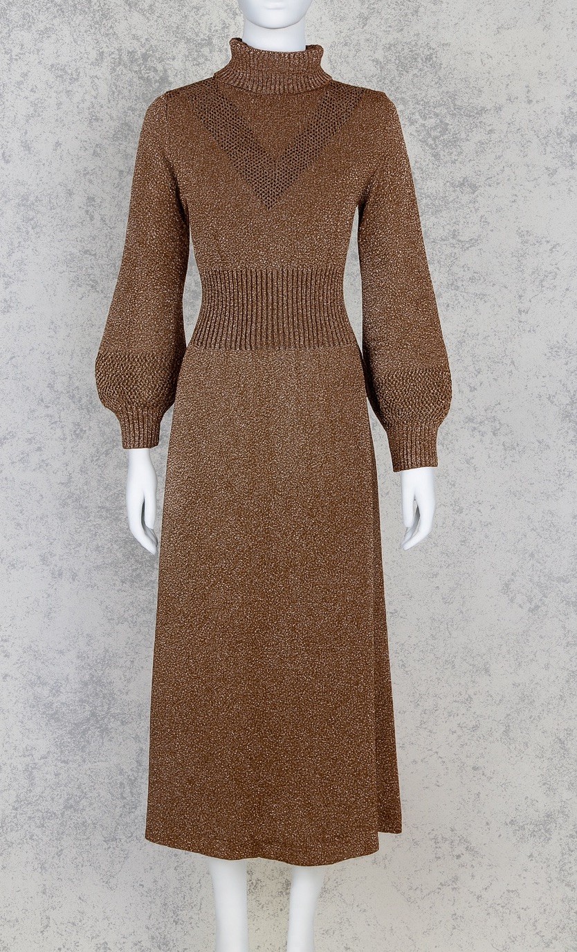 Vintage 70s Stunning WENJILLI Dress Metallic Copper Knit Maxi SZ 7/8 Small Sheer