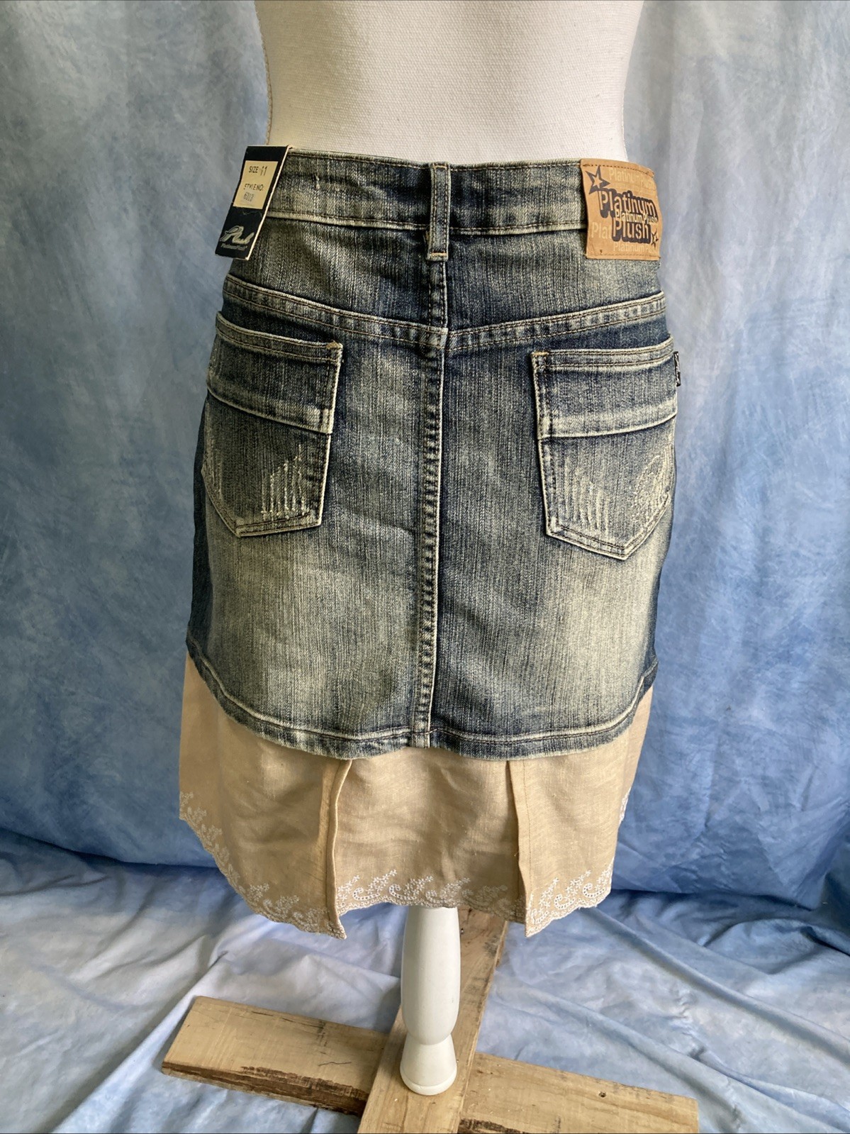 PLATINUM PLUSH 90s Y2K Denim Layered Skirt 6313 Embroidered Distressed Boho NOS