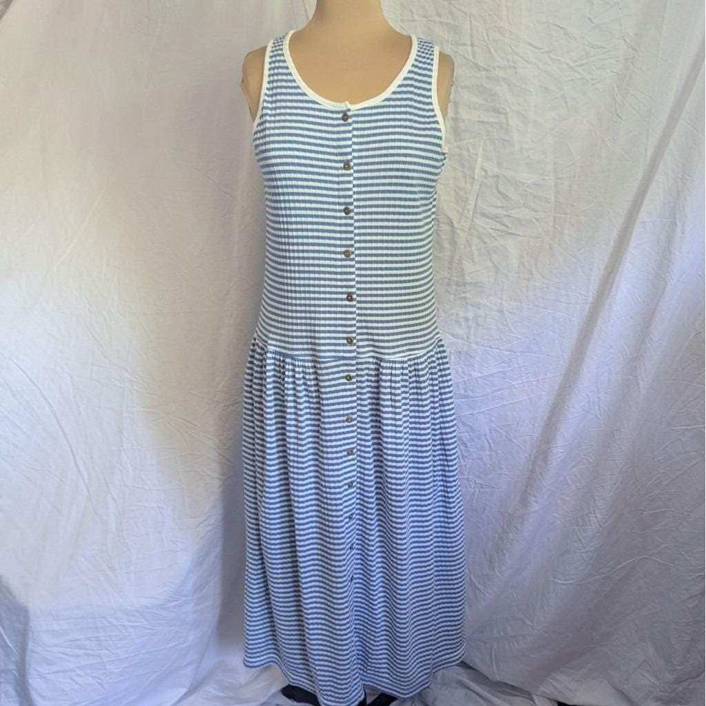 Vtg Blue & White Striped Ribbed Button Front Drop Waist Midi Dress Nautical Sm