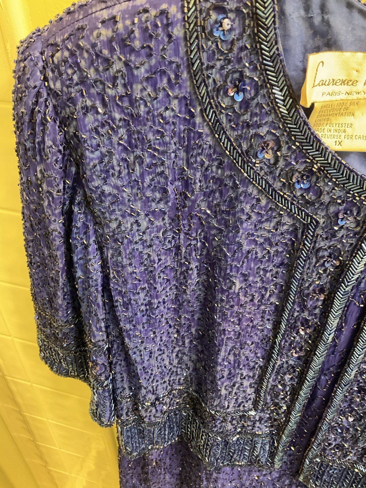 Vintage Laurence Kazar 100% silk cobalt blue heavy beaded cocktail dress size 1X