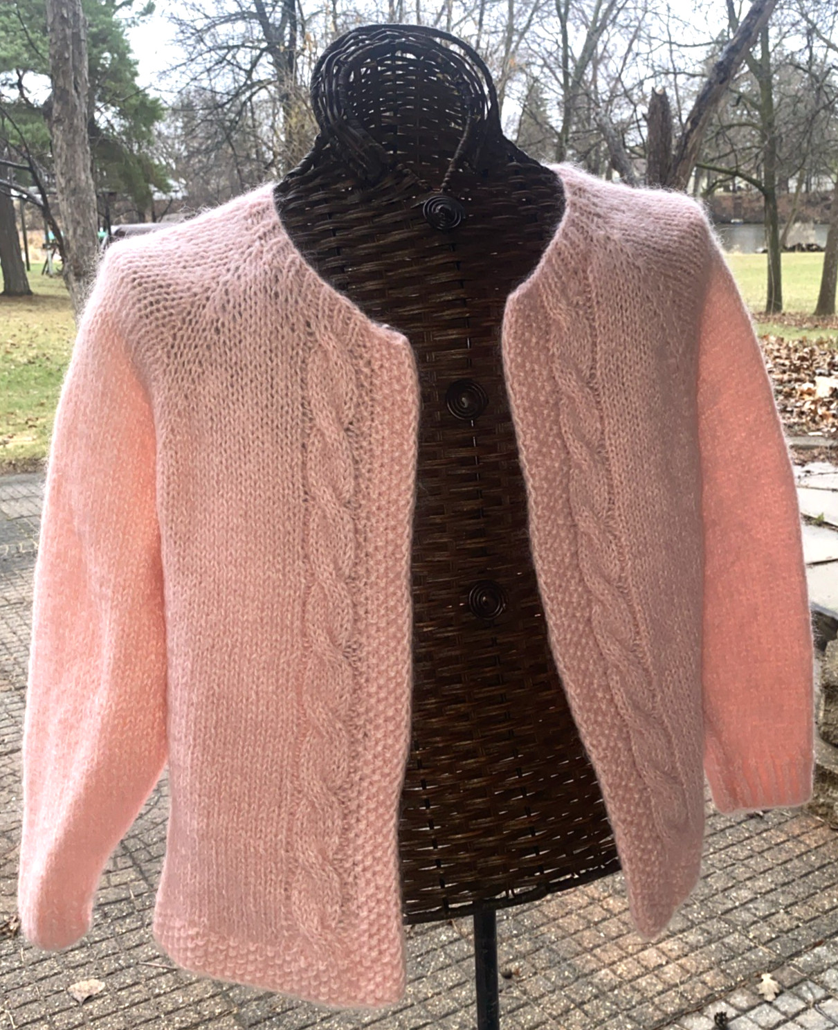 Vintage Pink Mohair Cardigan Hand Knit Cable Stitch Large