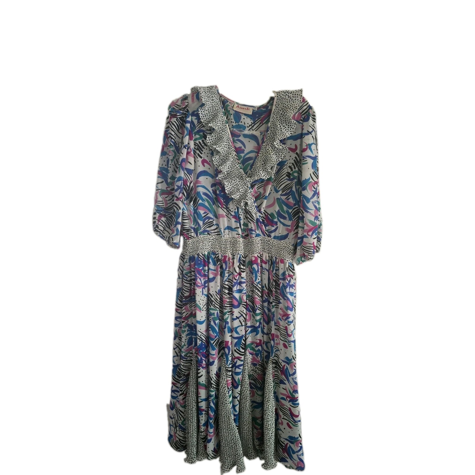 Vtg 1980 Assorti Susan Freis Size S Maxi Dress Multicolor Ruffle Smocked V Neck