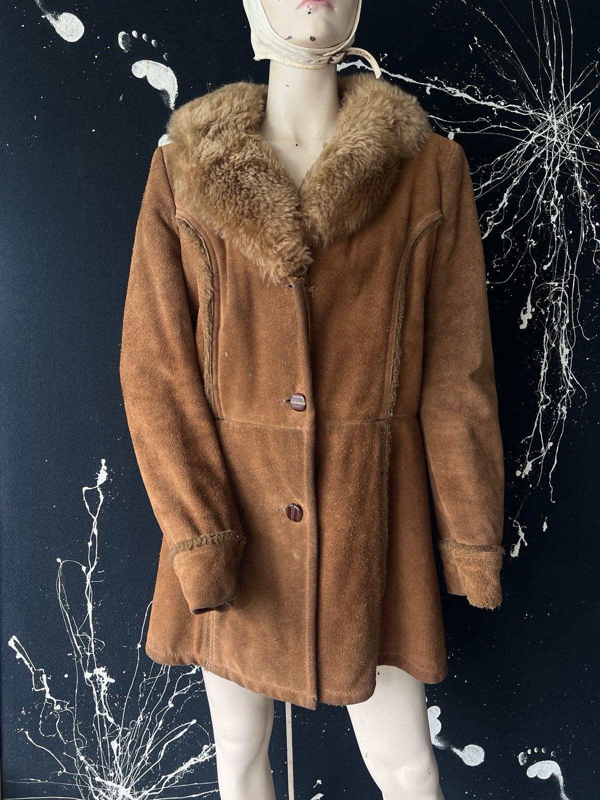 Vintage 70s Leather Penny Lane Car Coat Suede Fur Lined Wool Collar Short Boho