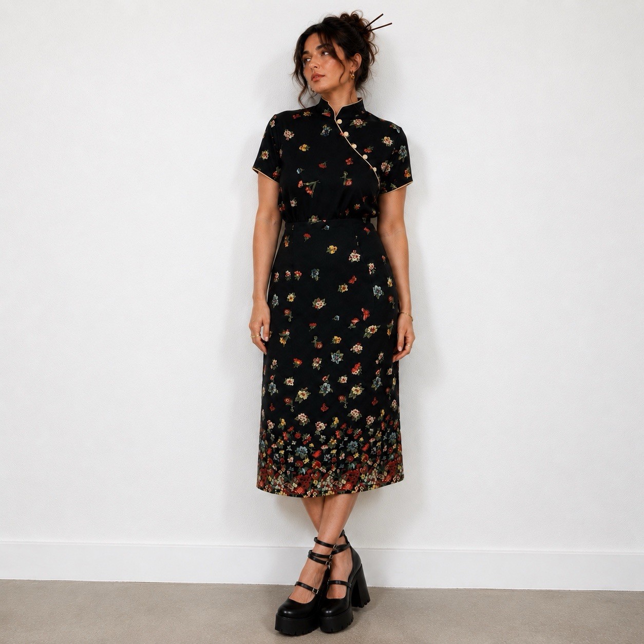 Vintage 90’s Floral Mandarin Collar Midi Dress Grunge Soft Goth Minimalist Sz 14