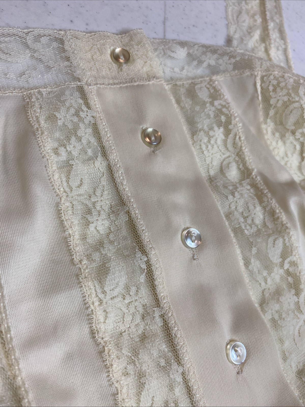 Vtg Nylon Corset Style Ivory Nylon Lace Button Front Lingerie Tank Top