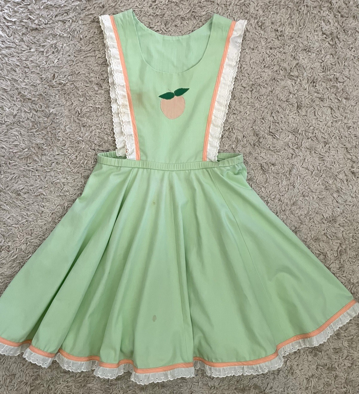 Vintage Handmade Apron Dress Novelty Fruit Applique Eyelet Lace Ruffle Trim LG