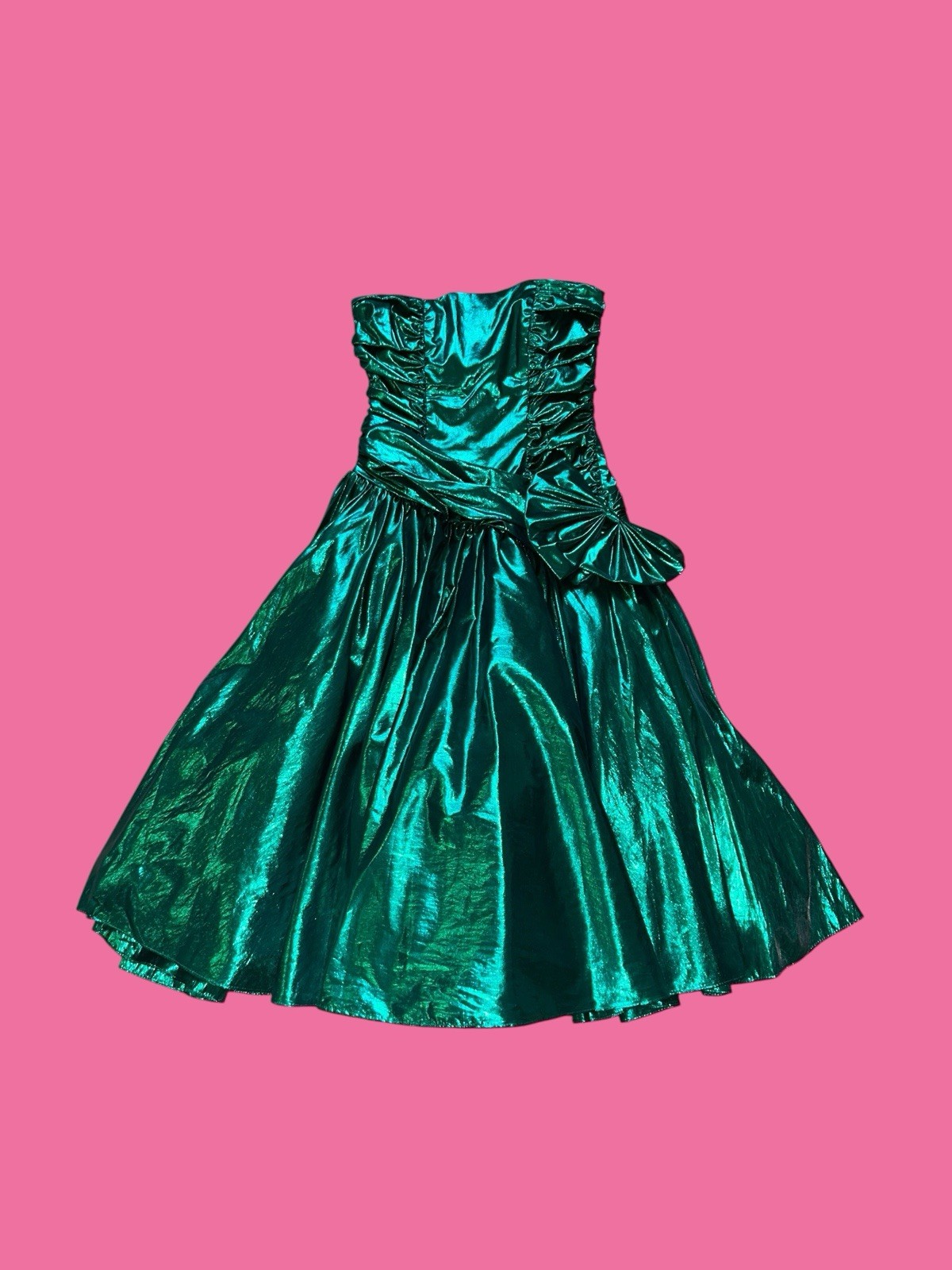 Vtg 80s Zum Zum Metallic Lamé Green Strapless Dress Asymmetric Drop Bow 9/10