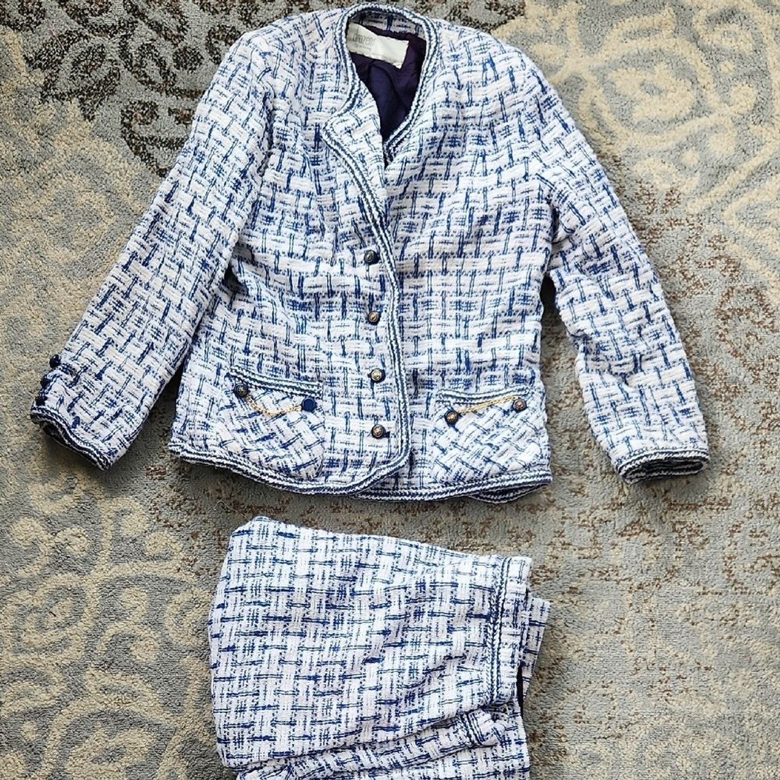 Vintage Drazens Tweed Blazer and Skirt Suit Set Blue White