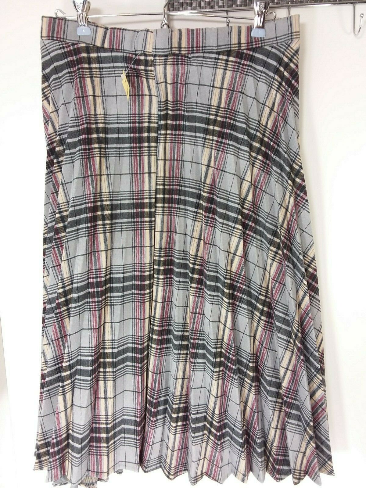 Vintage 70s Pleated Plaid Skirt Grey Black Tan Red M or XL Midi NOSWT