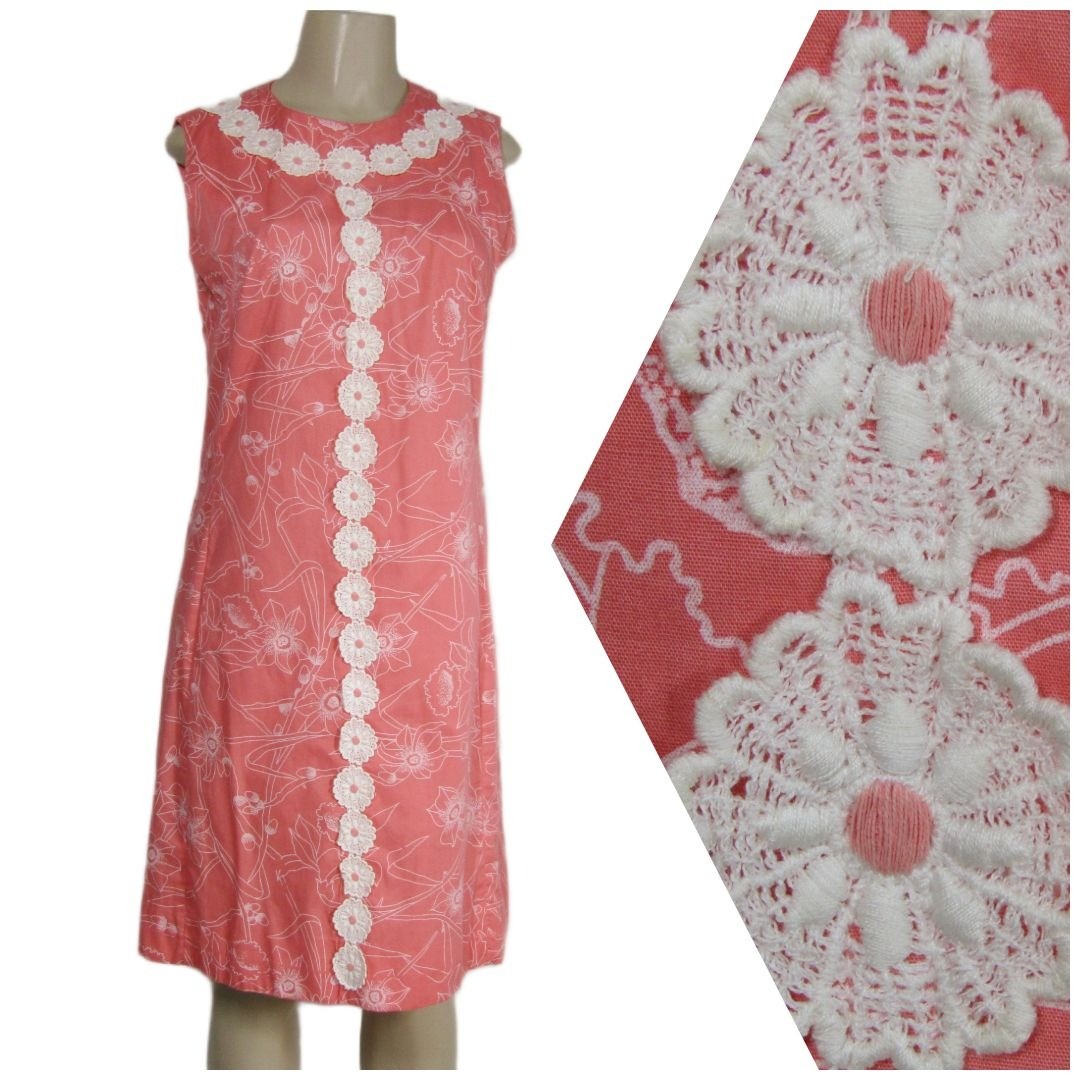 VTG 60s 70s MOD Floral Coral Pink Retro Tropical Mad Men Shift Summer Dress S M