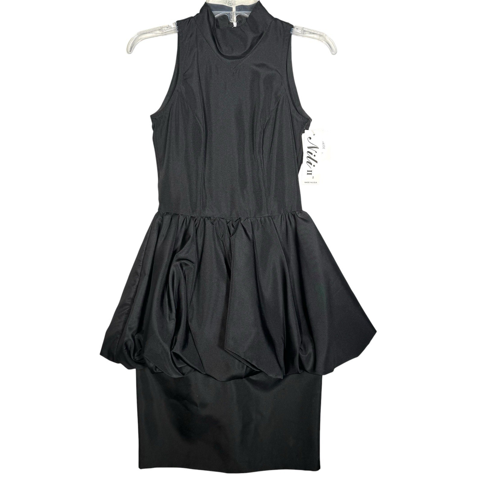 NEW Vintage 80s Black Tafetta High Neck Sleeveless Peplum Cocktail Dress Sz 3/4
