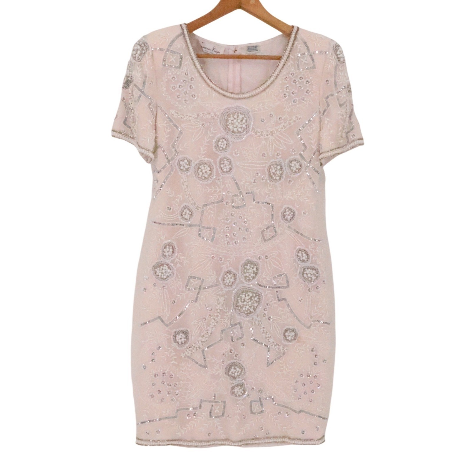 Laurence Kazar Vintage 90s Beaded Silk Cocktail Dress Womens Size PM Blush Pink