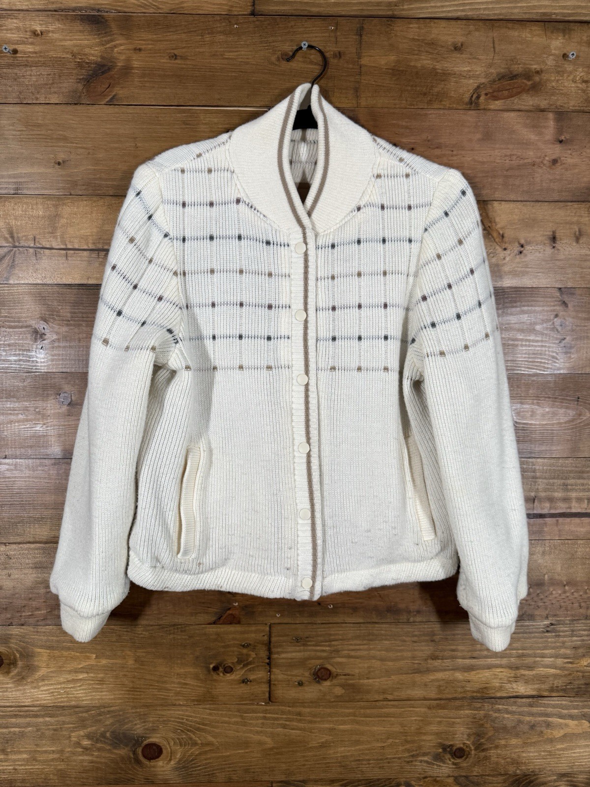 Vintage Andy John’s Tan, Cream And White Revisble Sweater Bomber Jacket Small
