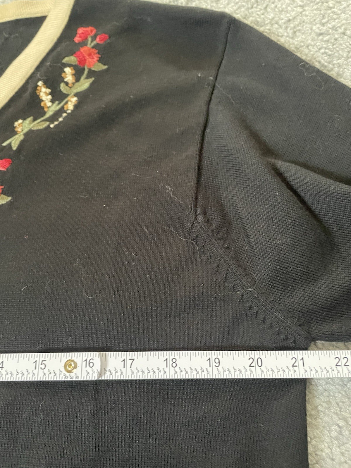 Vtg 70s Dressbarn Button Up Cardigan Sz L Black Red Floral Embroidery Hong Kong