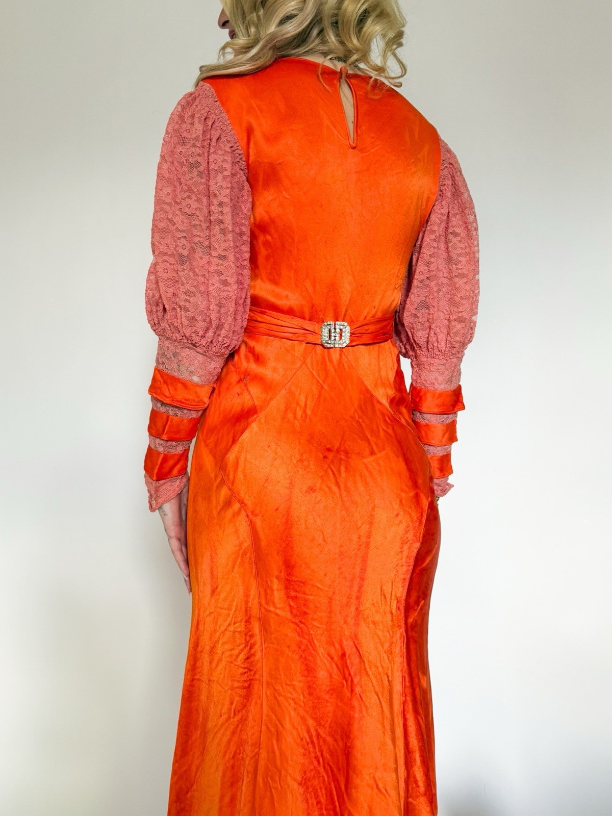 Vintage 1940’s Over Dyed Orange Pink Satin Dress Lace Puff Sleeves Belt