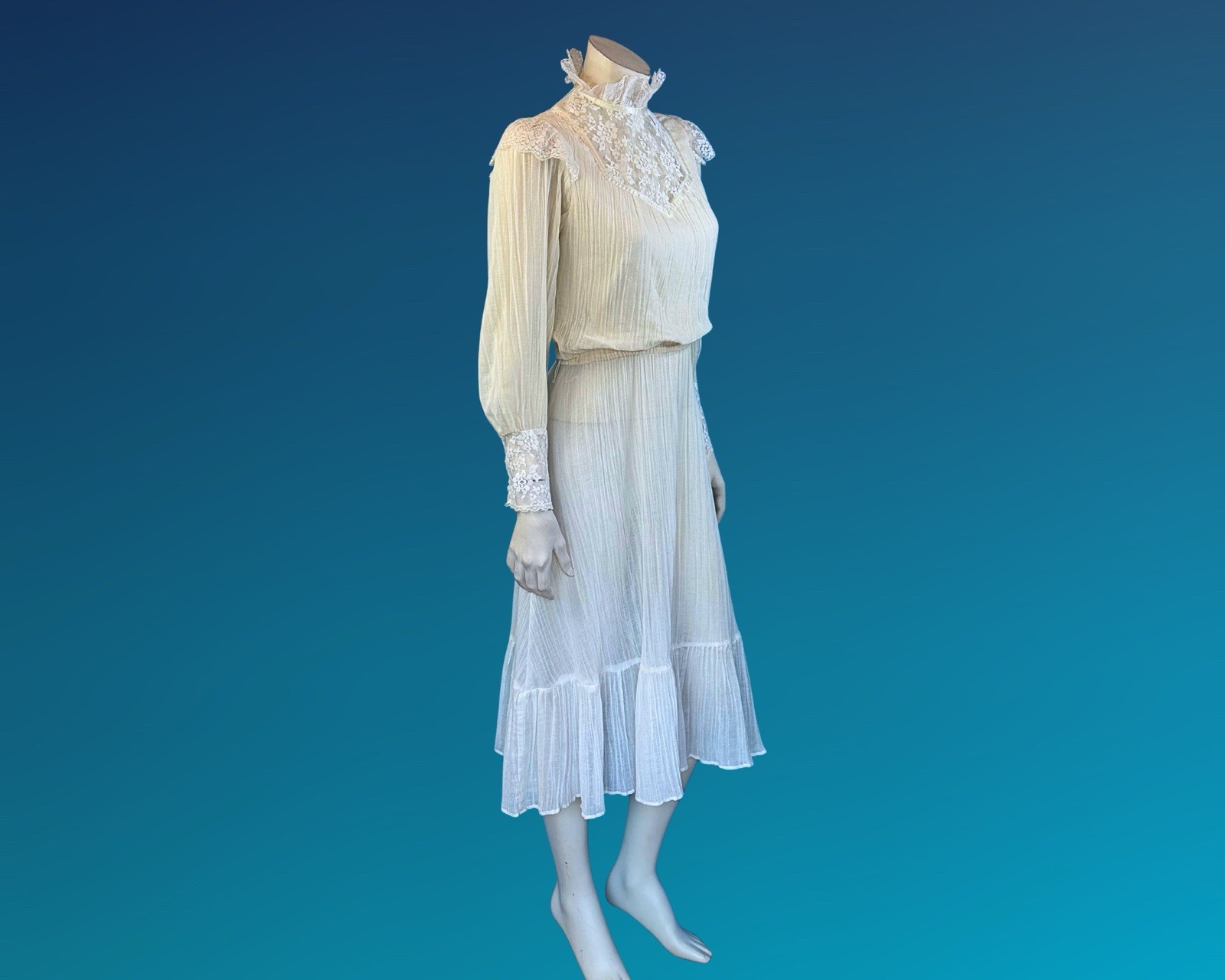 Vintage Romantic Victorian Revival Prairie Lace Crinkle Cotton Dress | S