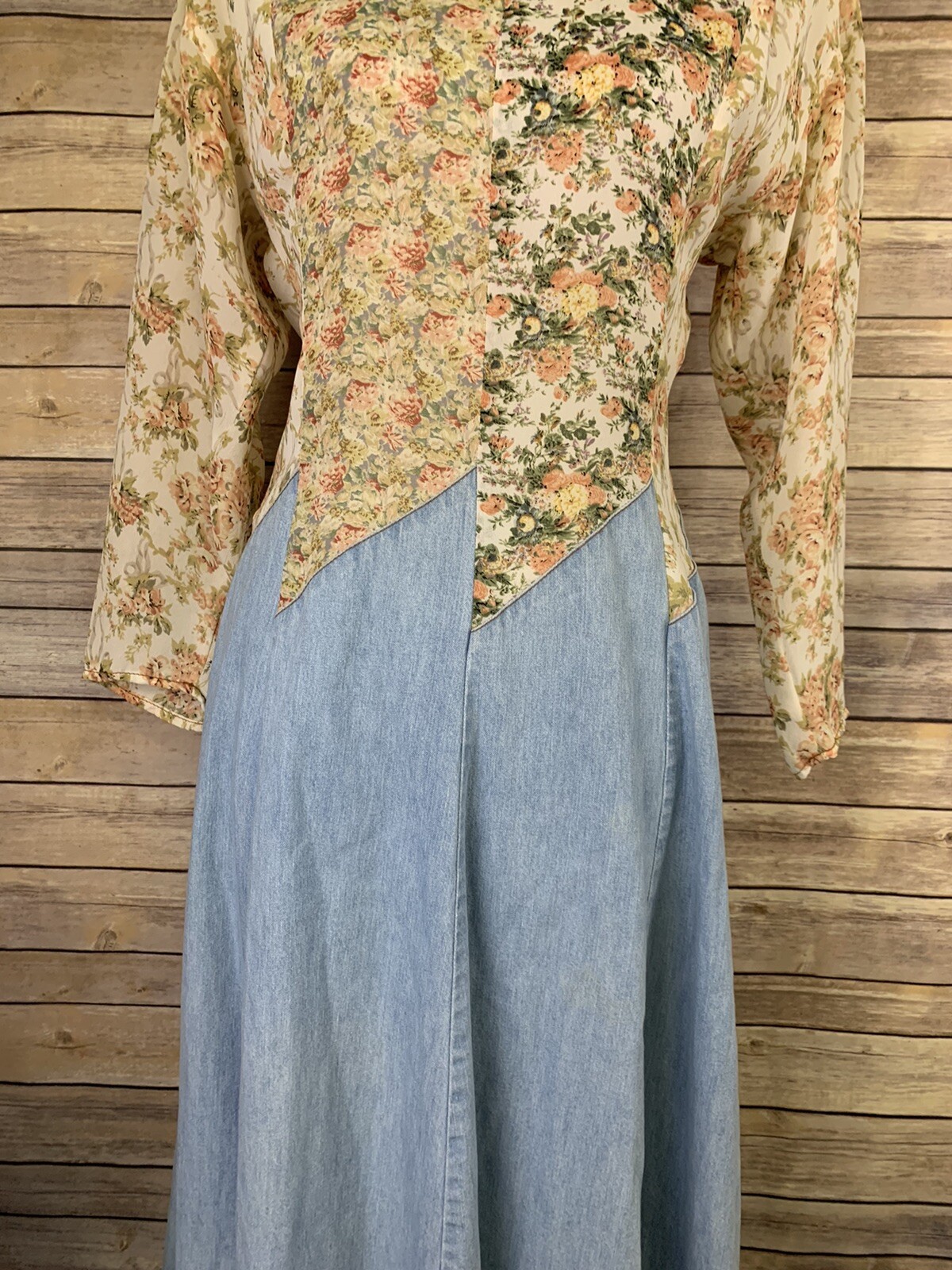 Vintage Tickets Womens Dress Denim Floral Mixed Zip Back Boho Long Cottage Core