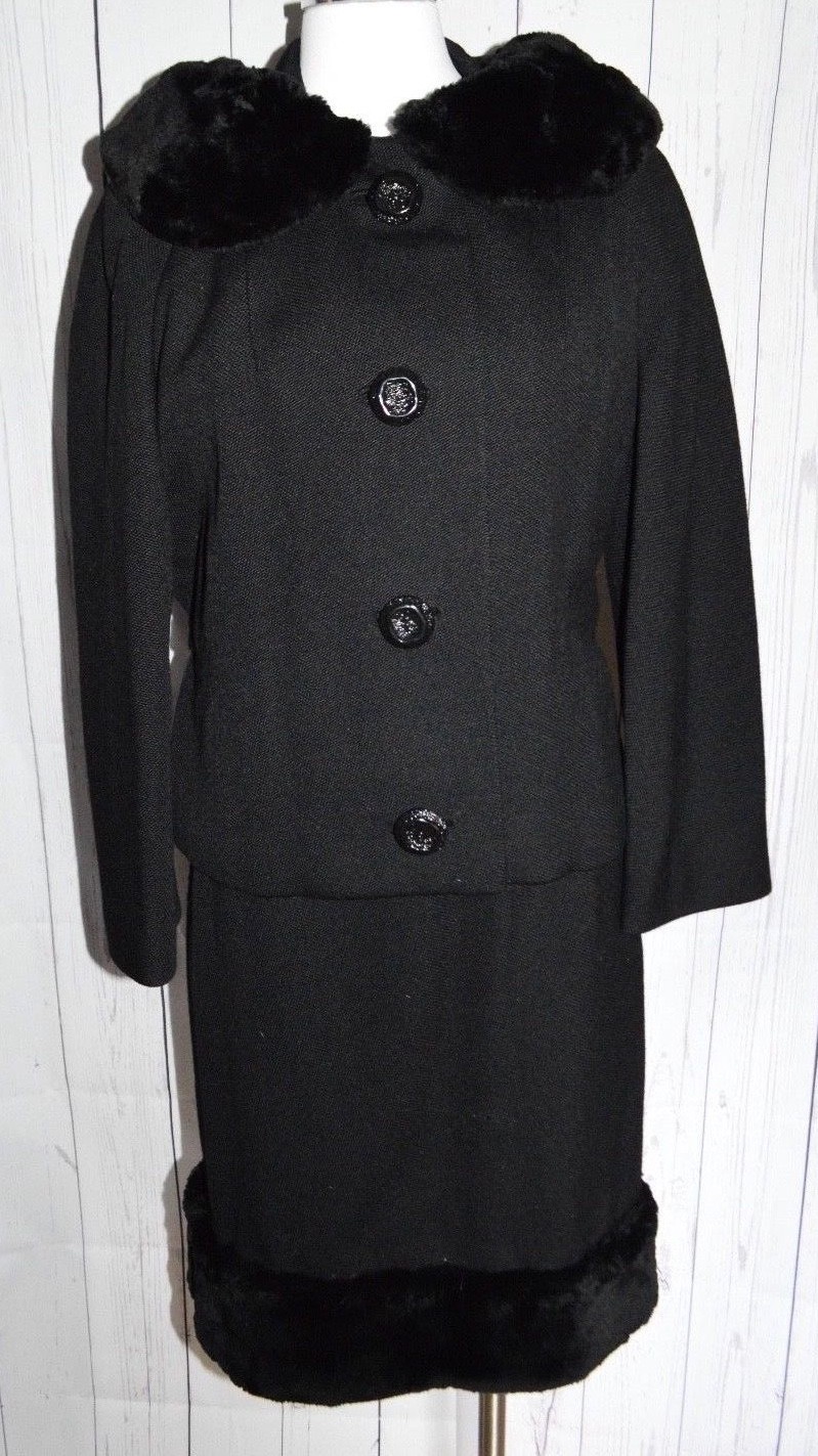 1960s Black Boucle Coat Dress Rabbit Fur Collar Freiss Original Wool Lined Sz 8