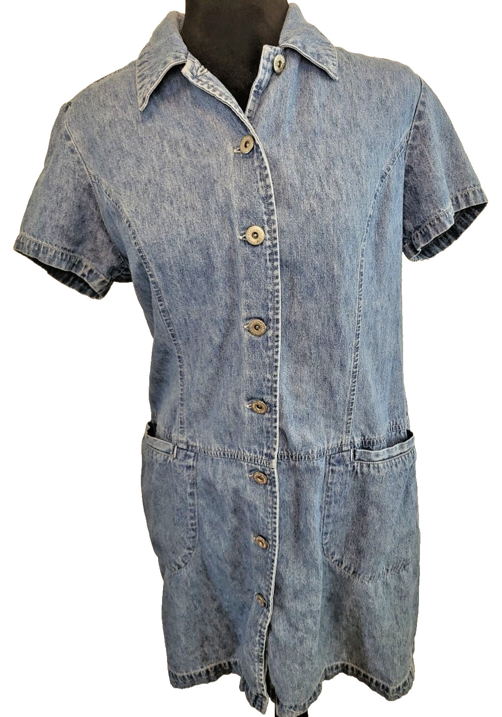 Vintage 90s/Y2K Faded Glory Denim Chambray Button Up Mini Dress 6 Back to School