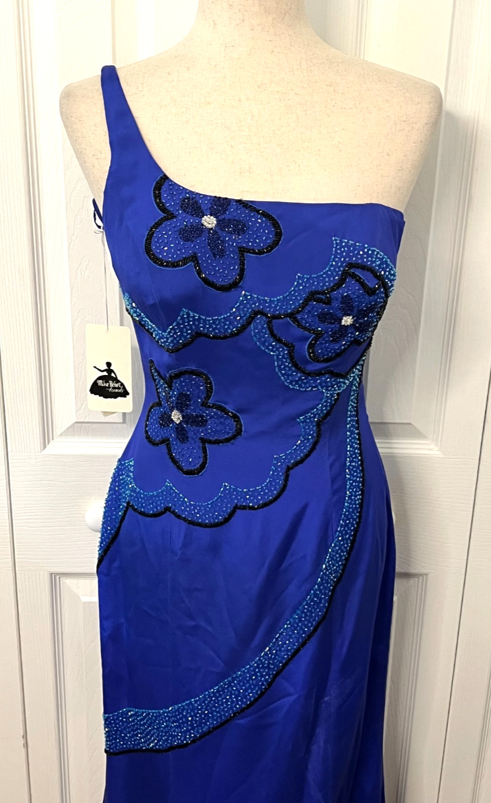 Vtg MIKE BENET FORMALS Sz 8 100% Silk Long Gown Dress Blue Floral Beaded Prom