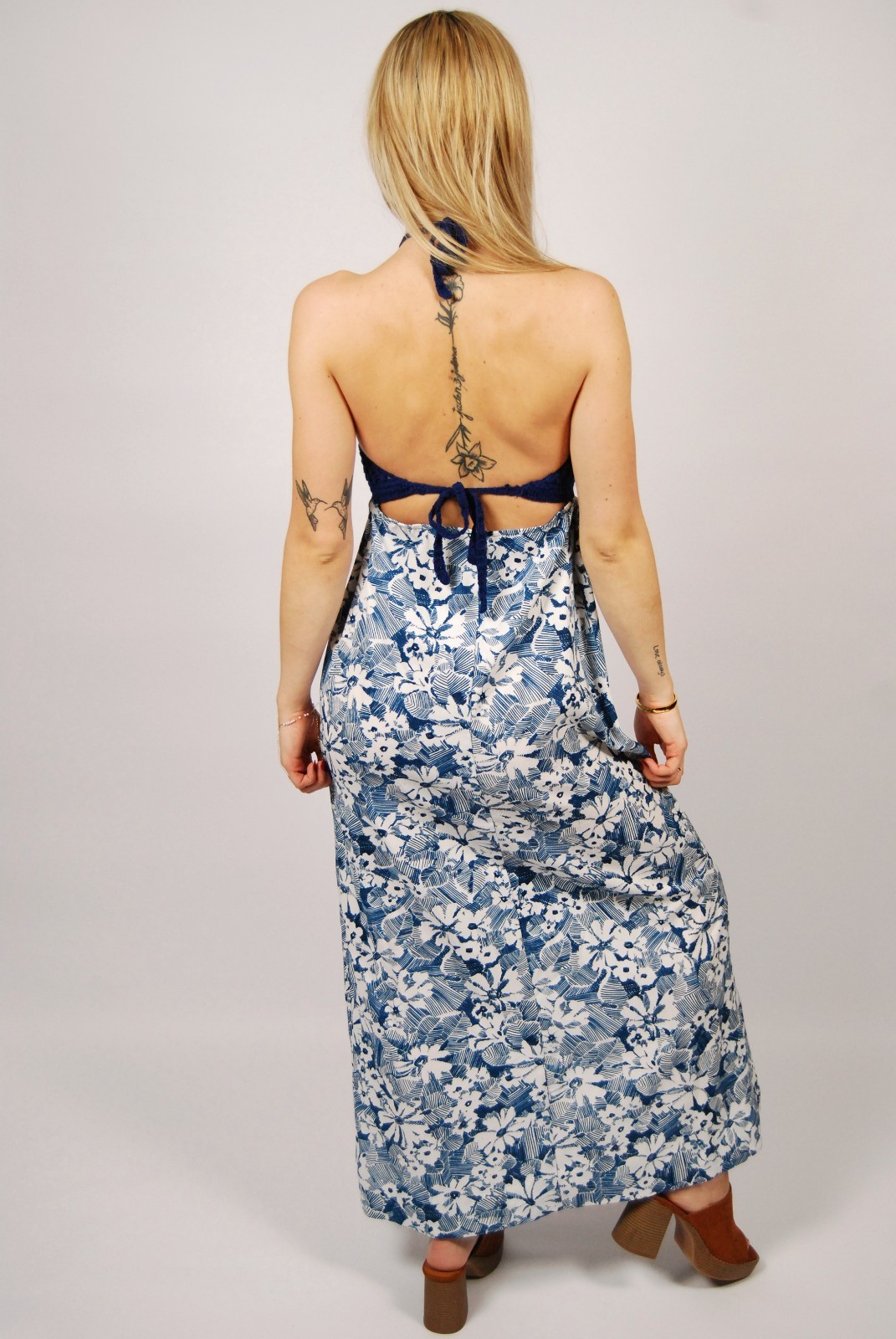 70s Island Maxi Dress (S) small blue vintage Hawaiian crochet halter beach