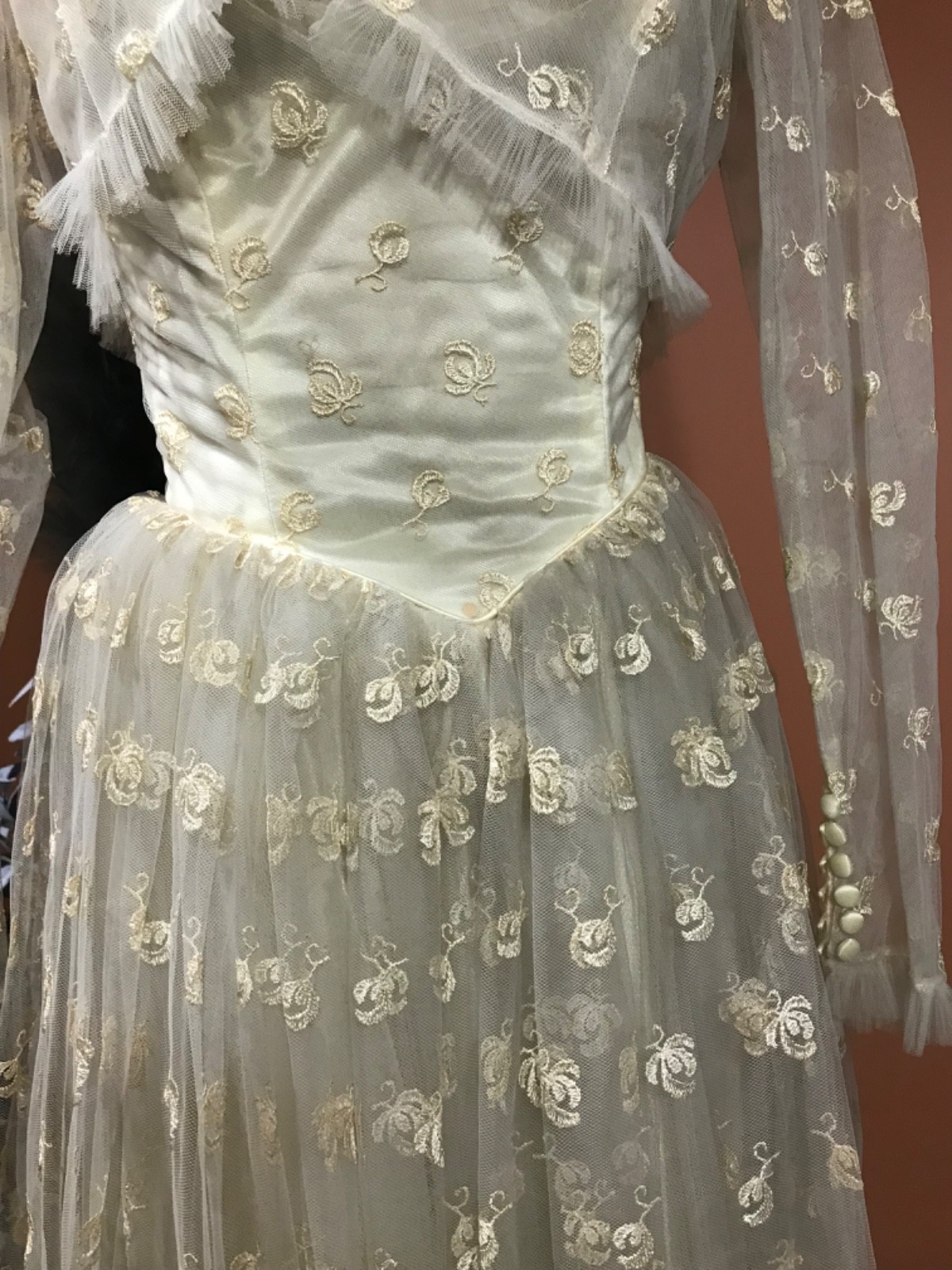 50’s ivory layered tulle lace overlay XS wedding dress with matching crop jacket