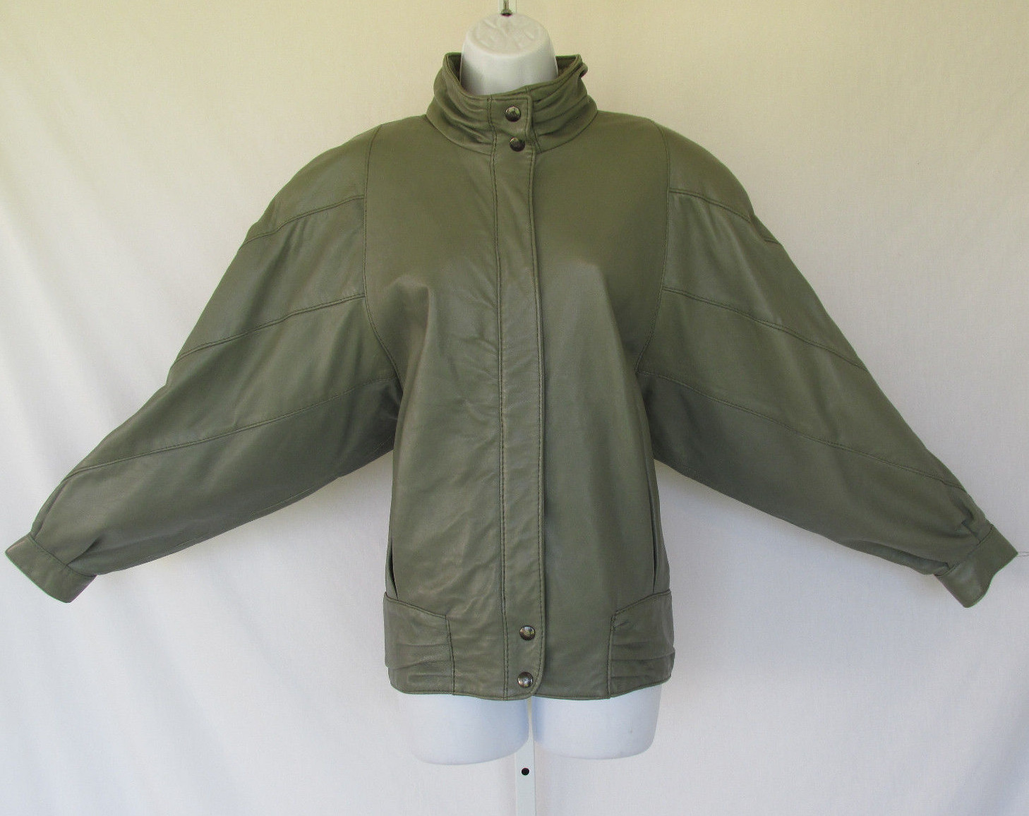 VINTAGE 1980s 90s BAGATELLE LEATHER JACKET GRAY GREEN LAMBSKIN? SIZE 10 LINED