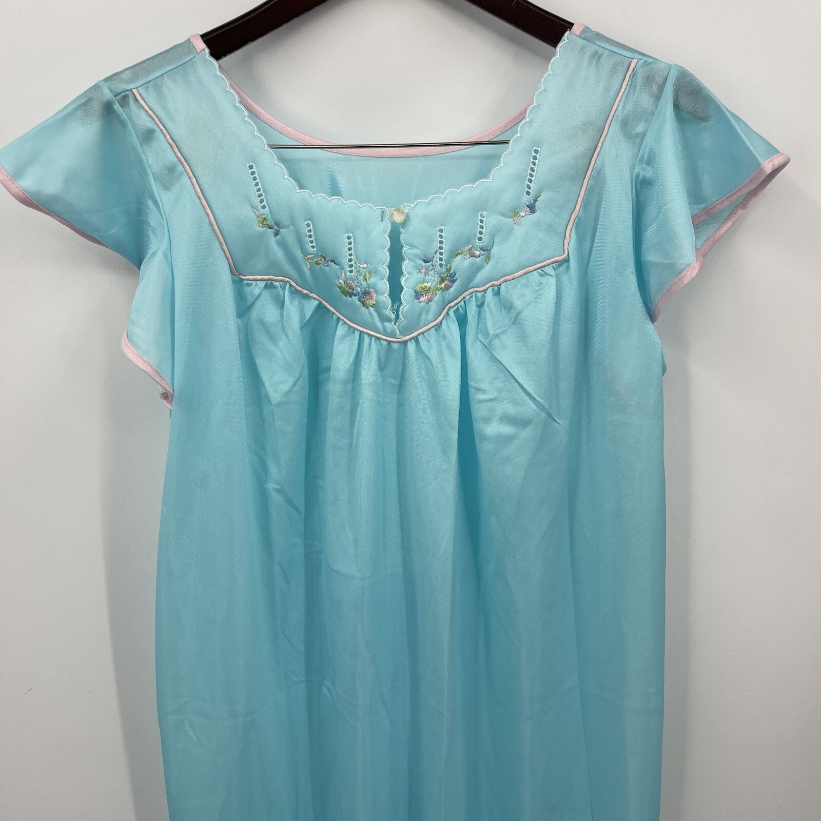 Vintage Nightgown Womens Large Glencraft Embroidered Bodice 80s VTG Blue Sissy