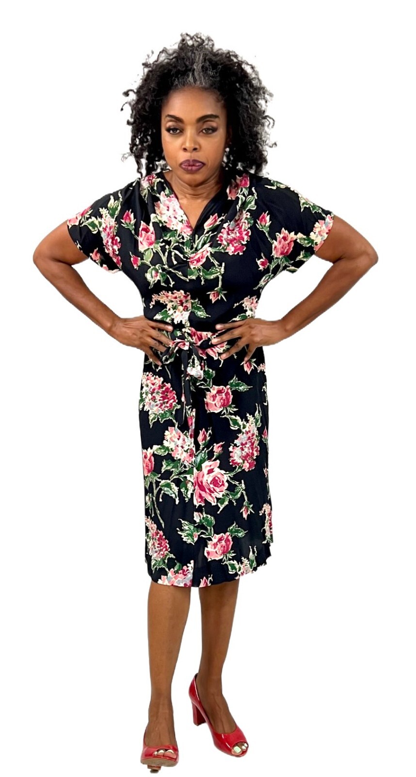 Famous Frocks VTG 1940s WW2 Black Rayon Floral Dress Pink Green Print Swing M