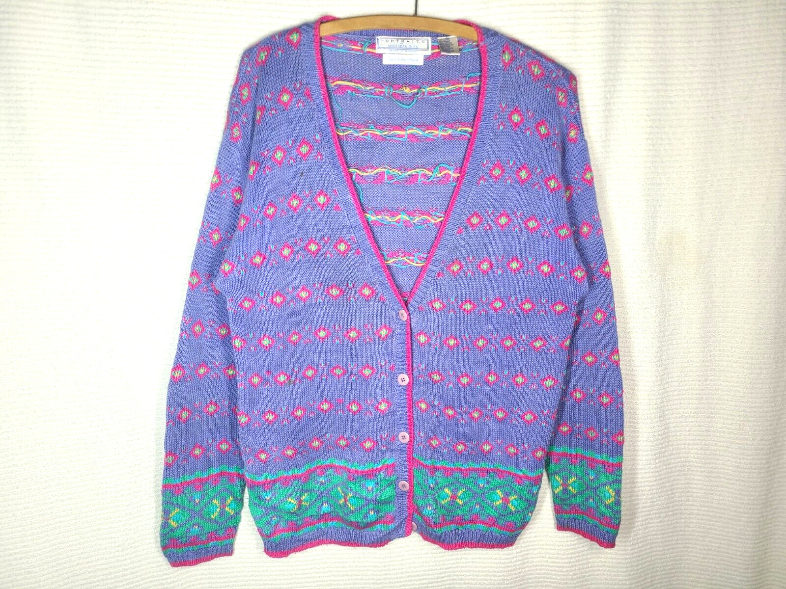 Vtg Portraits Northern Isles Cardigan Sweater M Lilac Fair Isle Intarsia Rare