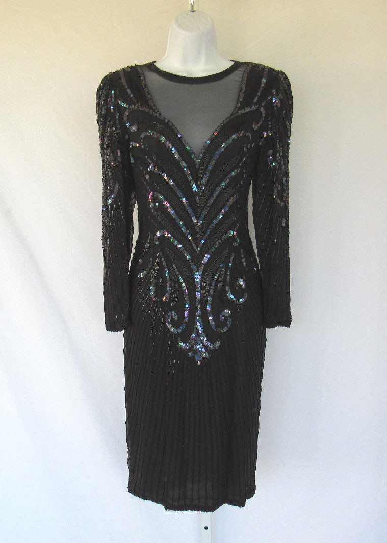 VTG A.J. BARI BLACK SILK SEQUIN BEADED DRESS SIZE 8 RAYON INNER LINING