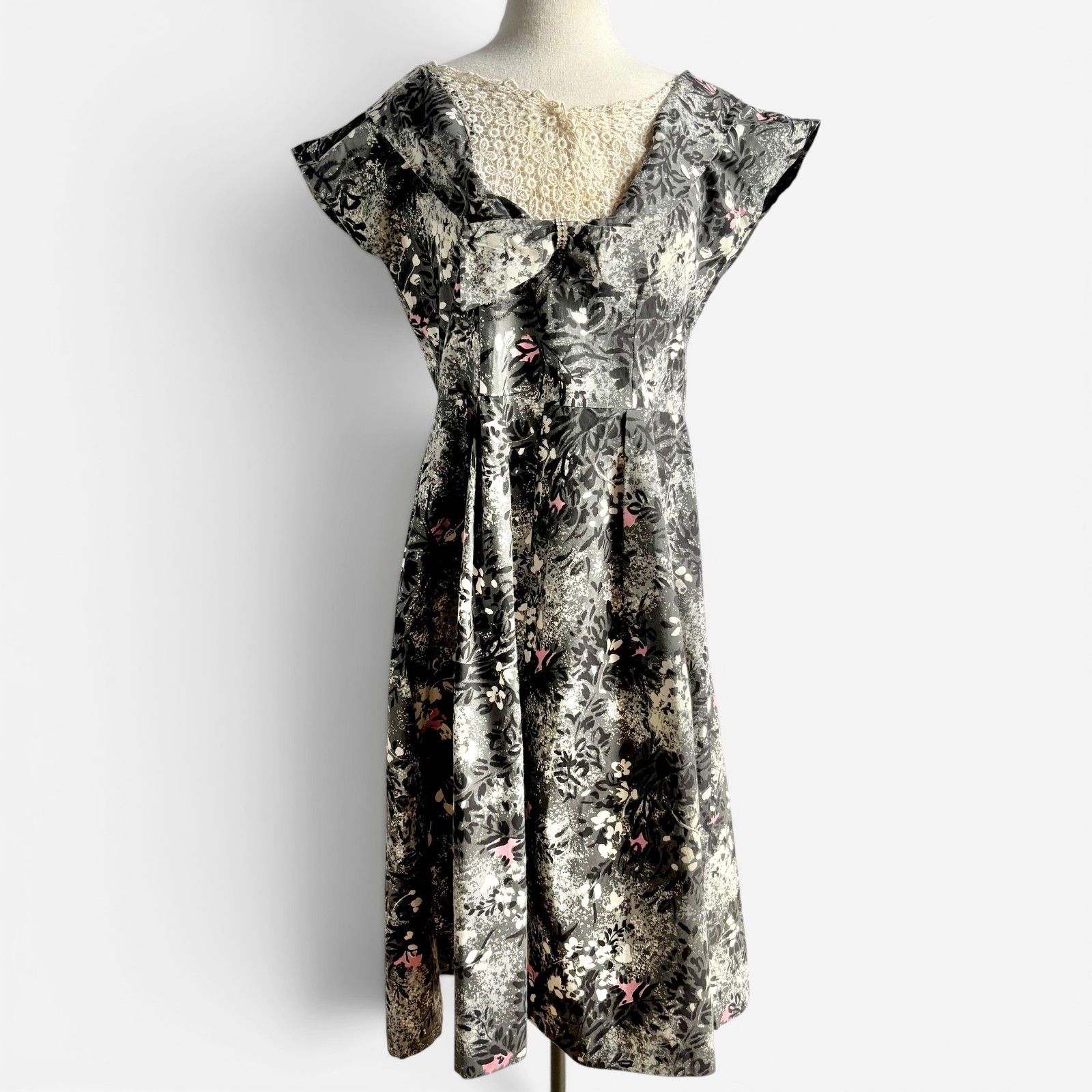 Vintage 1950s Pink Black Gray Abstract Print Fit & Flare Cotton Dress M/L