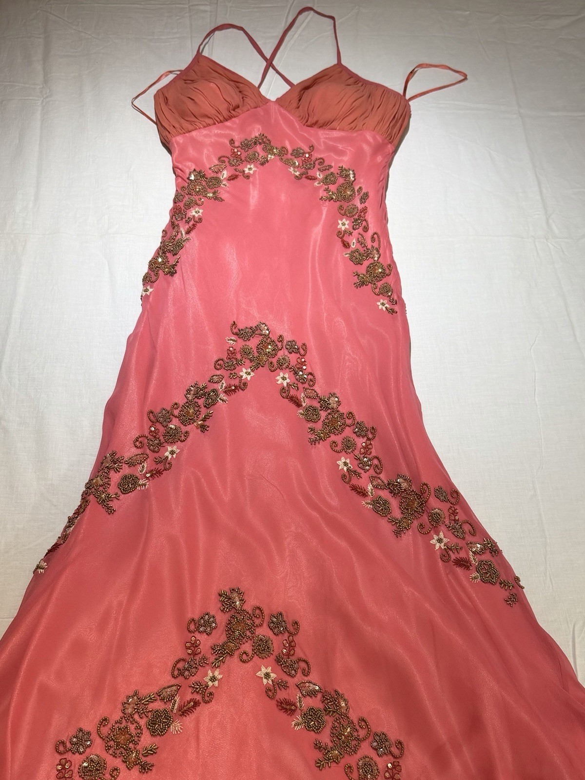 Vintage 90s Scala Coral Salmon Silk Beaded Mermaid Gown-M/L