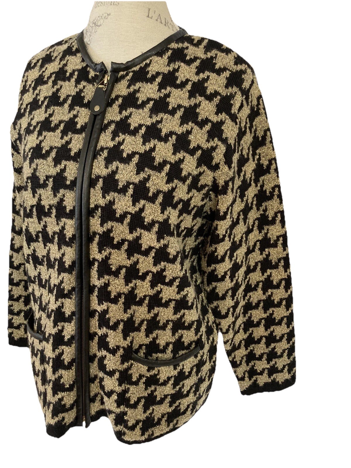 Vintage Rochelle California Women’s Sweater Jacket Zip Metallic Black Gold Sz PL