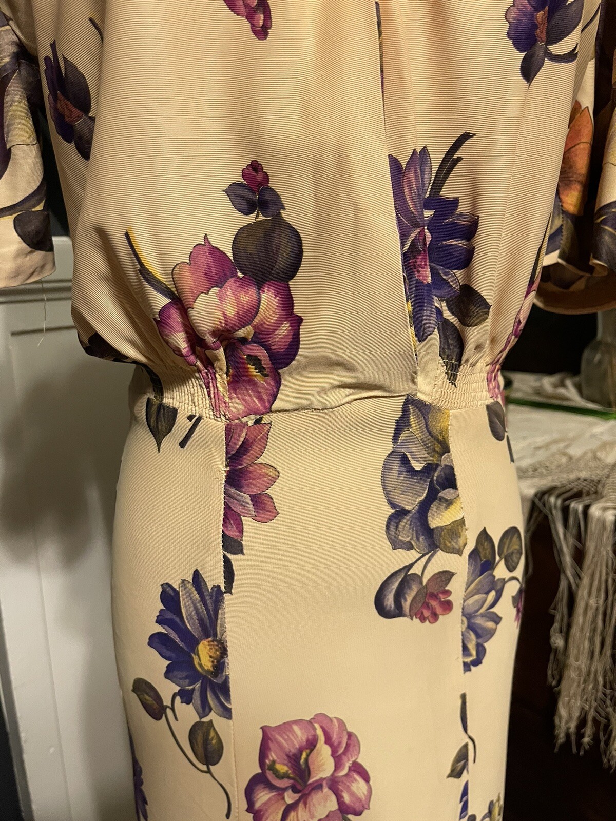 1930’s Rayon Jersey Magnolia Flower Dress | Purple Pink Yellow
