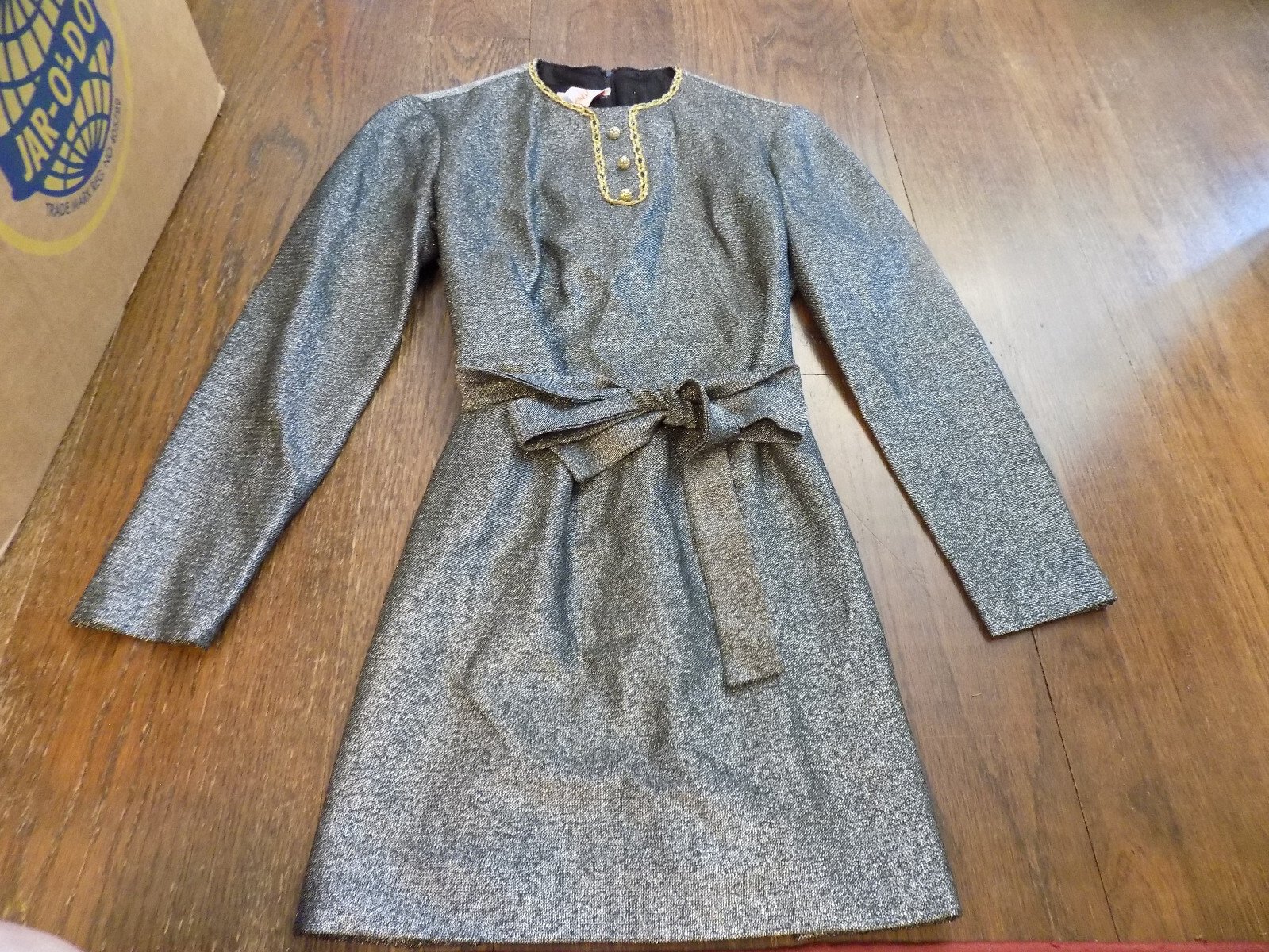 Vtg FAB Shimmer Silver Lame Dress J Harlan Mod Mini Tie Belt Gold Lace Trim Sz S