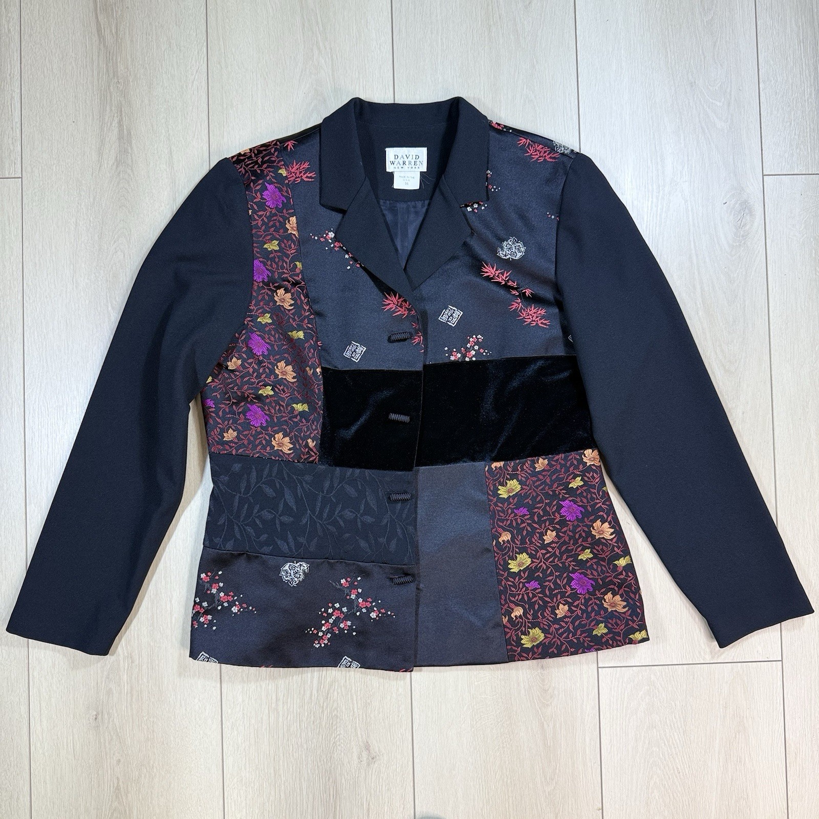 Vintage David Warren Patchwork Floral Velvet Blazer Jacket Women 16 Made in USA