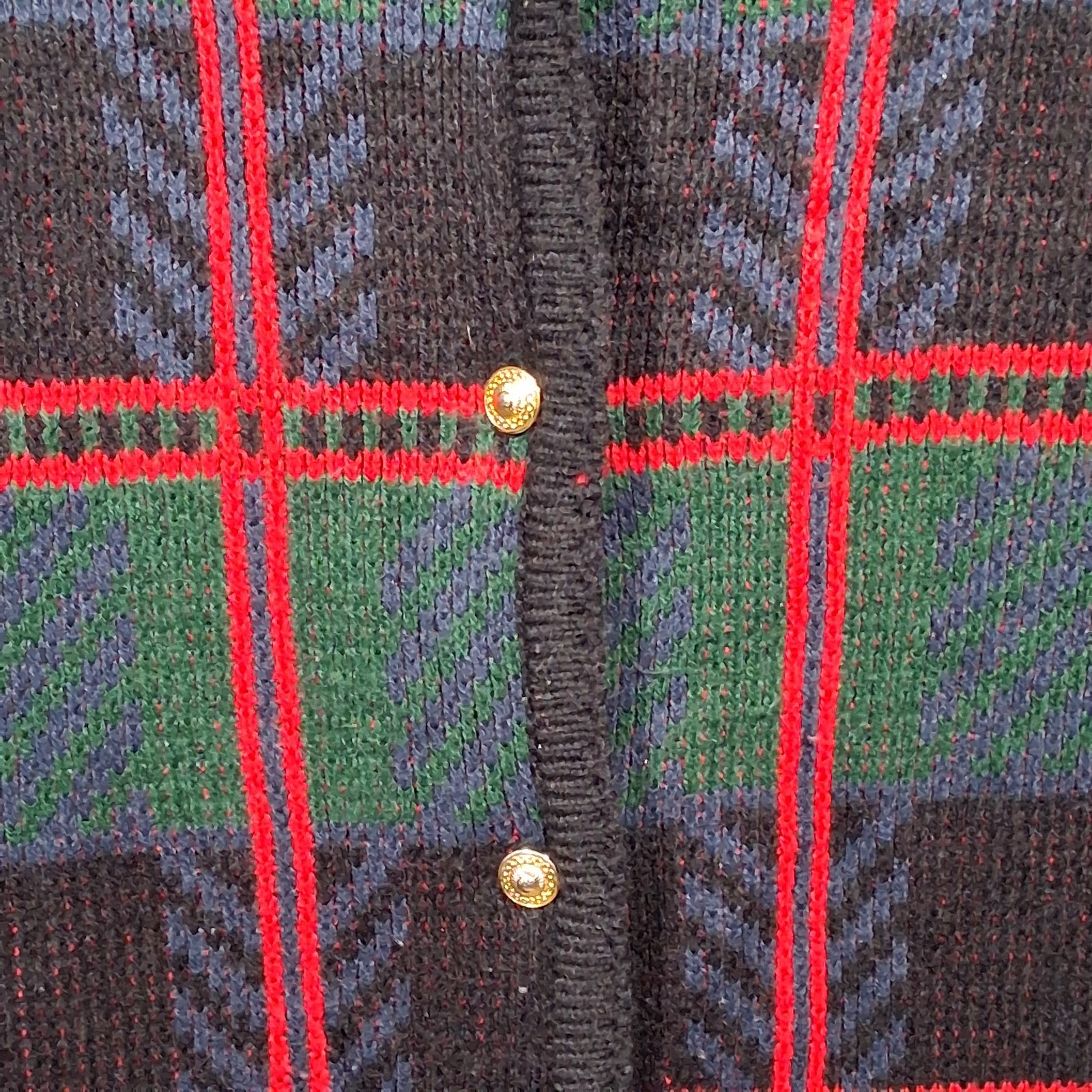 Vintage Plaid Chevron Knit Cardigan Sweater XL Red Green Gold Button Pockets