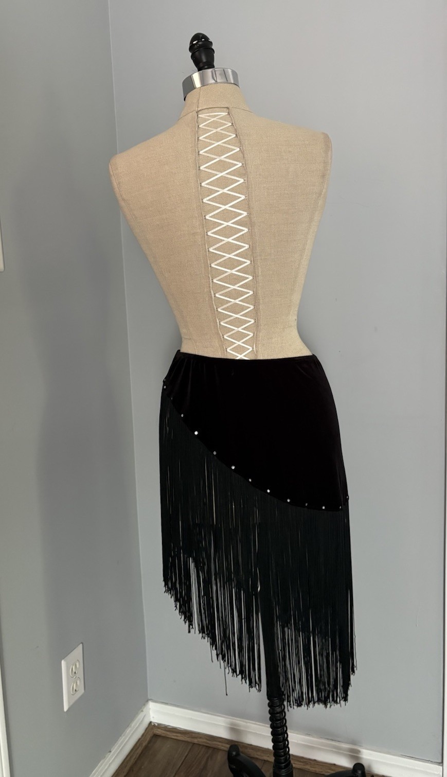 Vintage 90s Y2K Velvet Fringe Mini Skirt Strapless Top Mall Goth Club Boho Bling