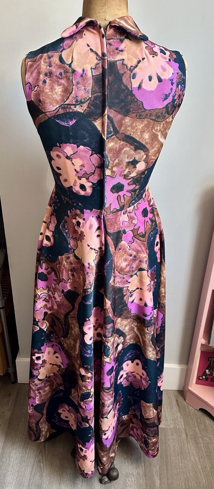 True Vintage 1970s Psychedelic Abstract Floral Maxi Dress Handmade Size S/M
