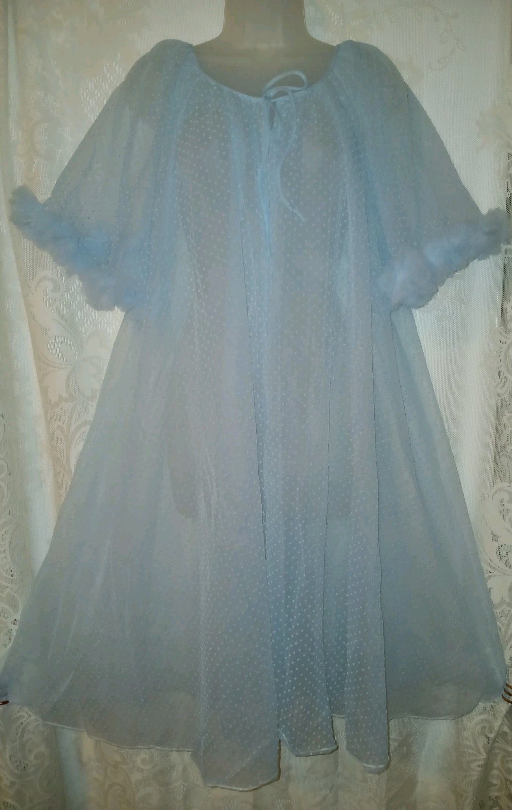 Vintage 50s Lisette Blue Flocked Swiss Dot Sheer Nylon Ruffled Peignoir Robe EUC