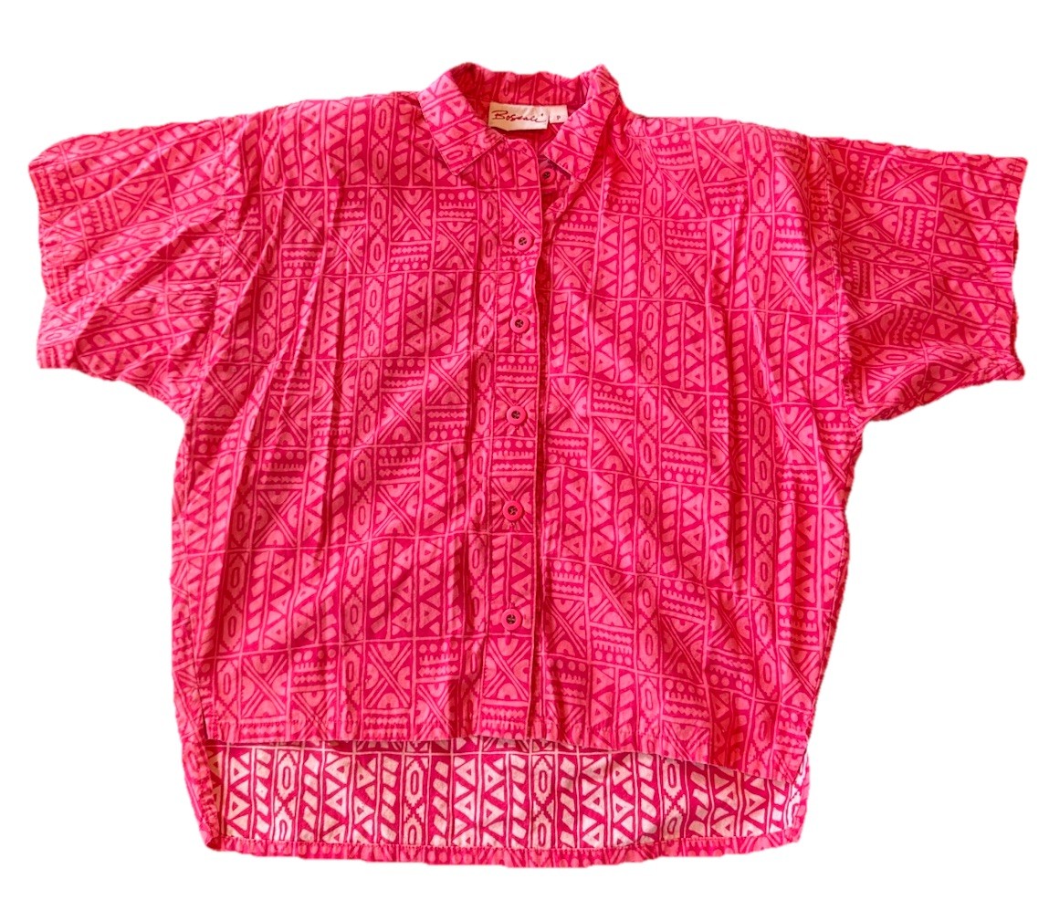 Vintage 80s New Wave Pink Print Button Down Top With Shoulder Pads hipster