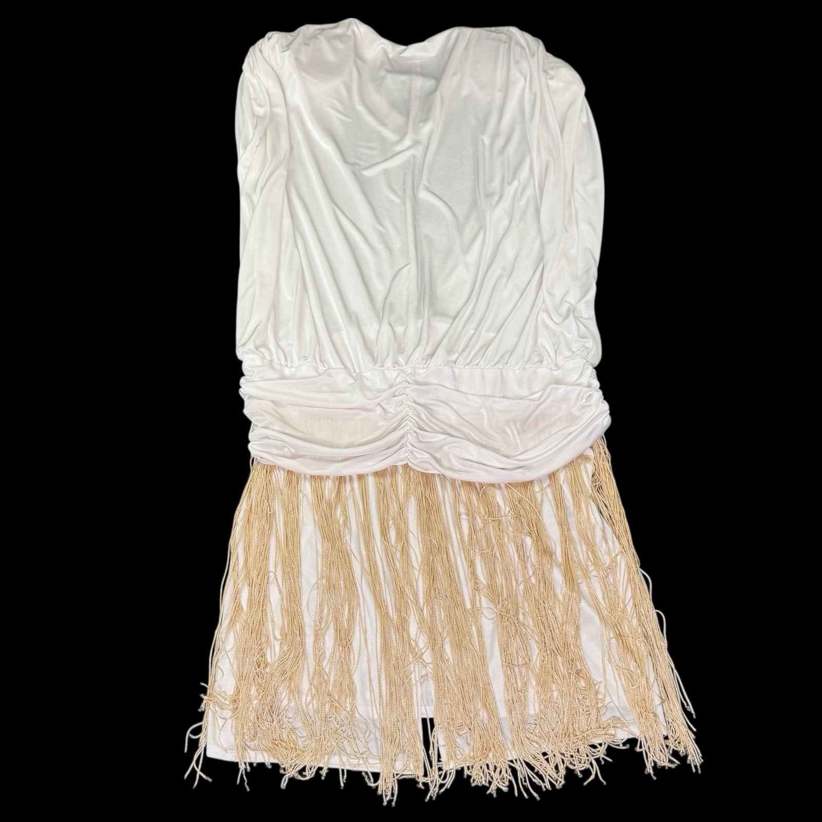 Vintage Filigree California Disco Fringe Cocktail Dress White Gold VNeck Sz 14