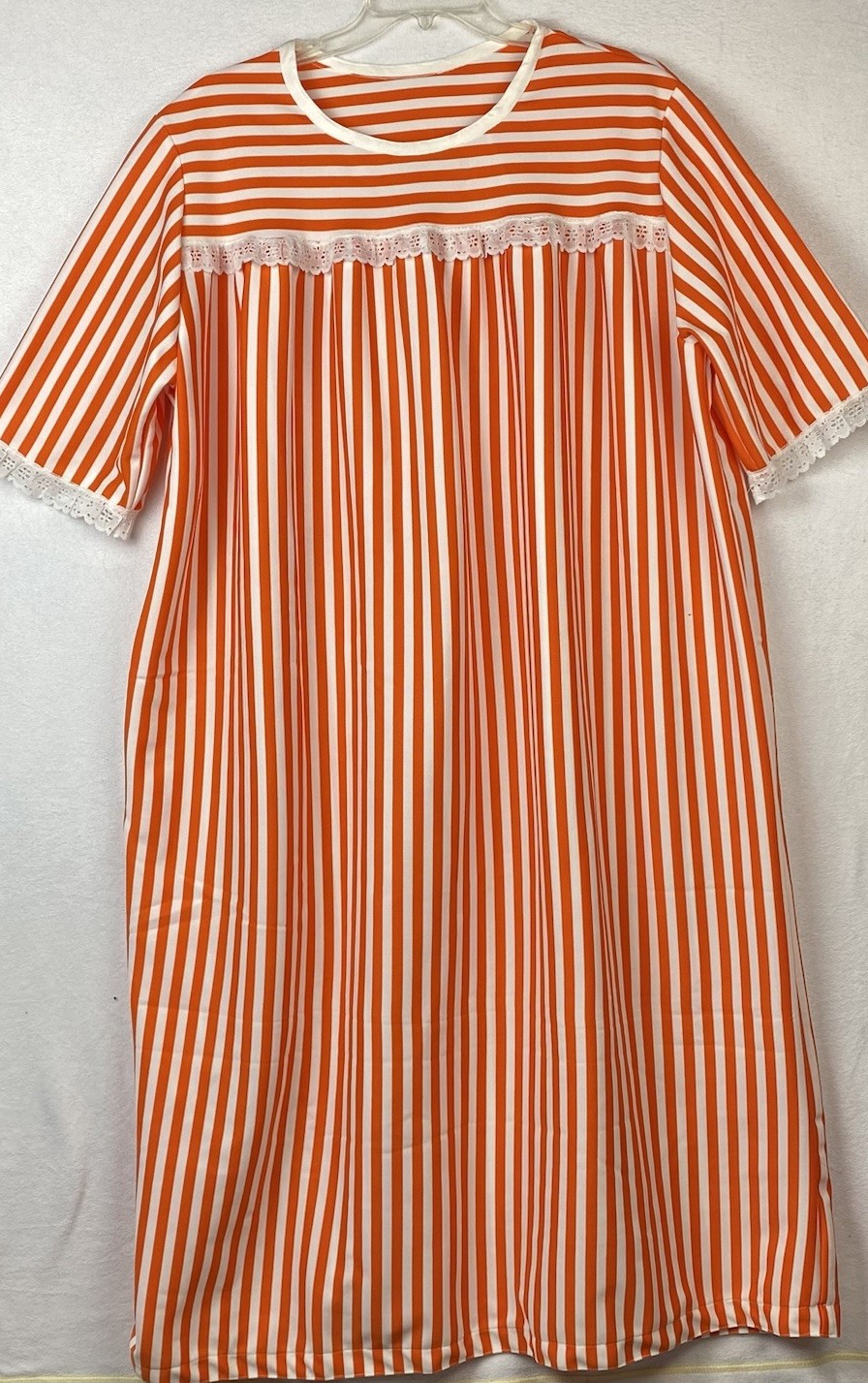 Vintage Orange & White Striped Women’s Nightgown NO TAGS Thick Polyester Nylon?