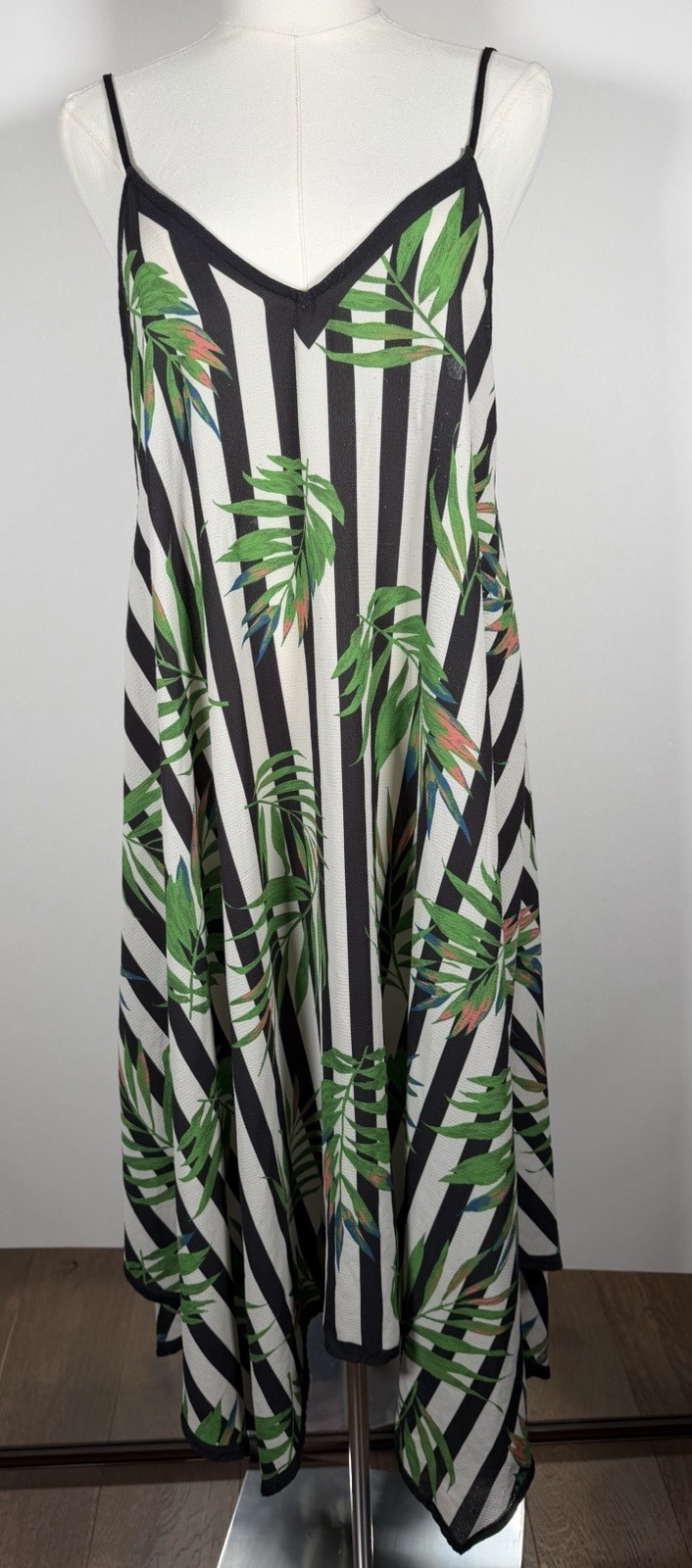 Vintage 90s black white stripe Tahitian hawaiian resortwear handkerchief dress L