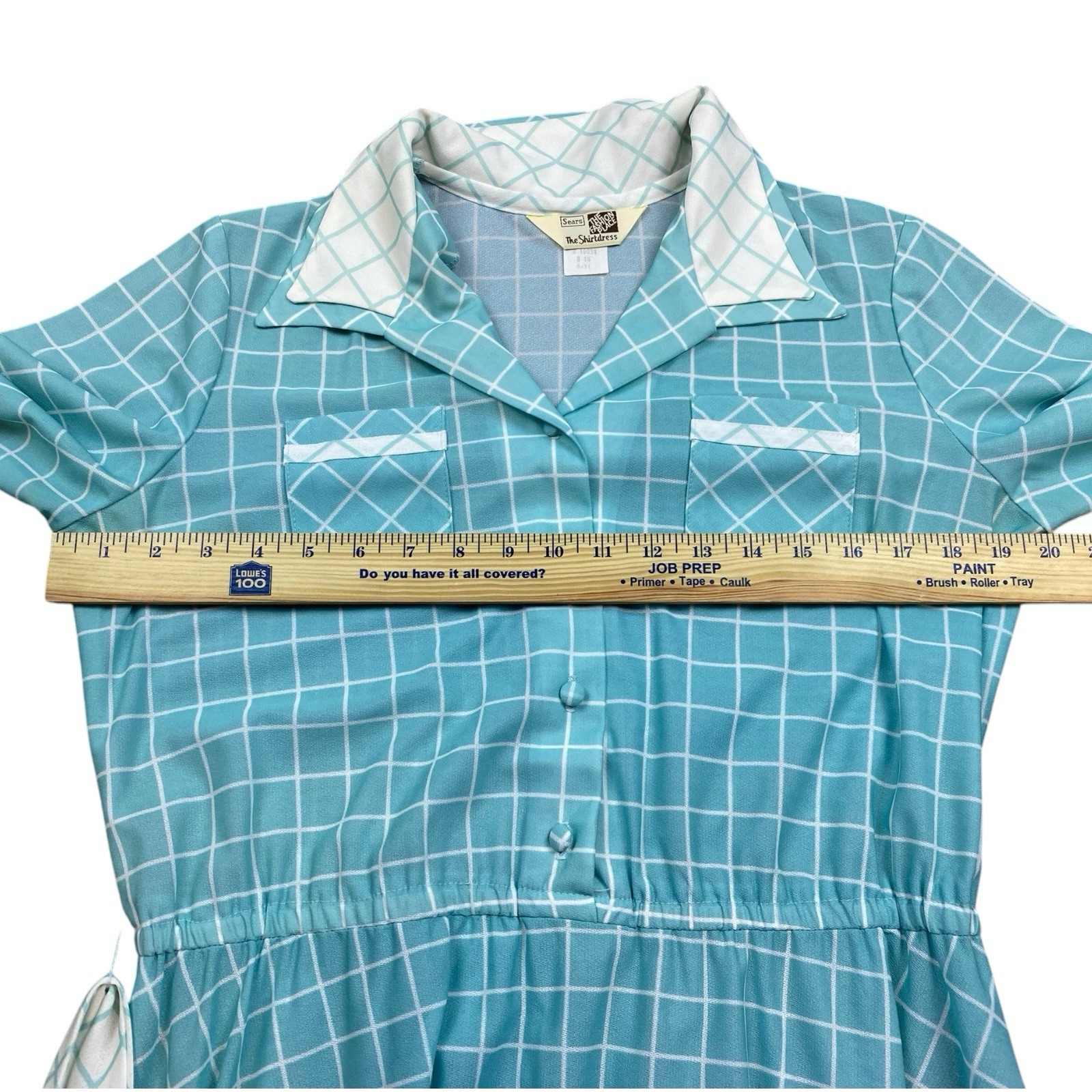 VTG 70s Sears The Fashion Place Shirtdress Blue Windowpane Check Belted Size 14
